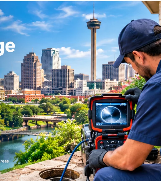 Plumbing professional inspecting a pipe with diagnostic equipment against the San Antonio skyline