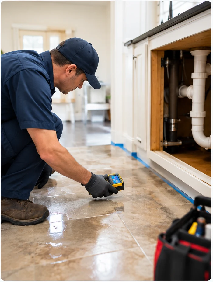 Thermal inspection checking a floor for possible hidden moisture